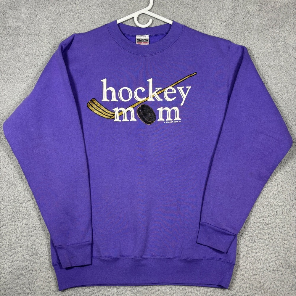 Oneita Sweatshirt Women L Purple Hockey Mom Vintage 90s Graphic Power-Sweats USA